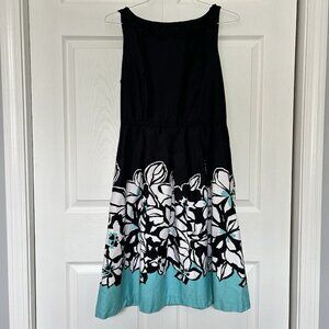 Danny & Nicole Black White Aqua Sundress‎ Womens 8 Floral Zip Y2K Retro Pockets